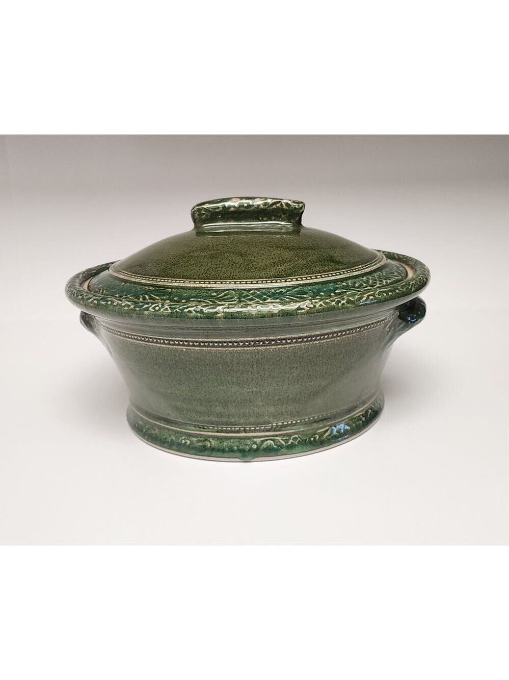 Vintage Handmade Pottery Soup Tureen Pot Bowl Hunter Green Stoneware